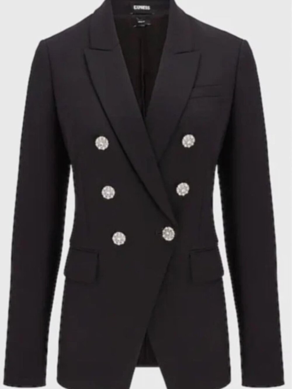 Express Twill Double Breasted Embellished Button Black Blazer Crystals